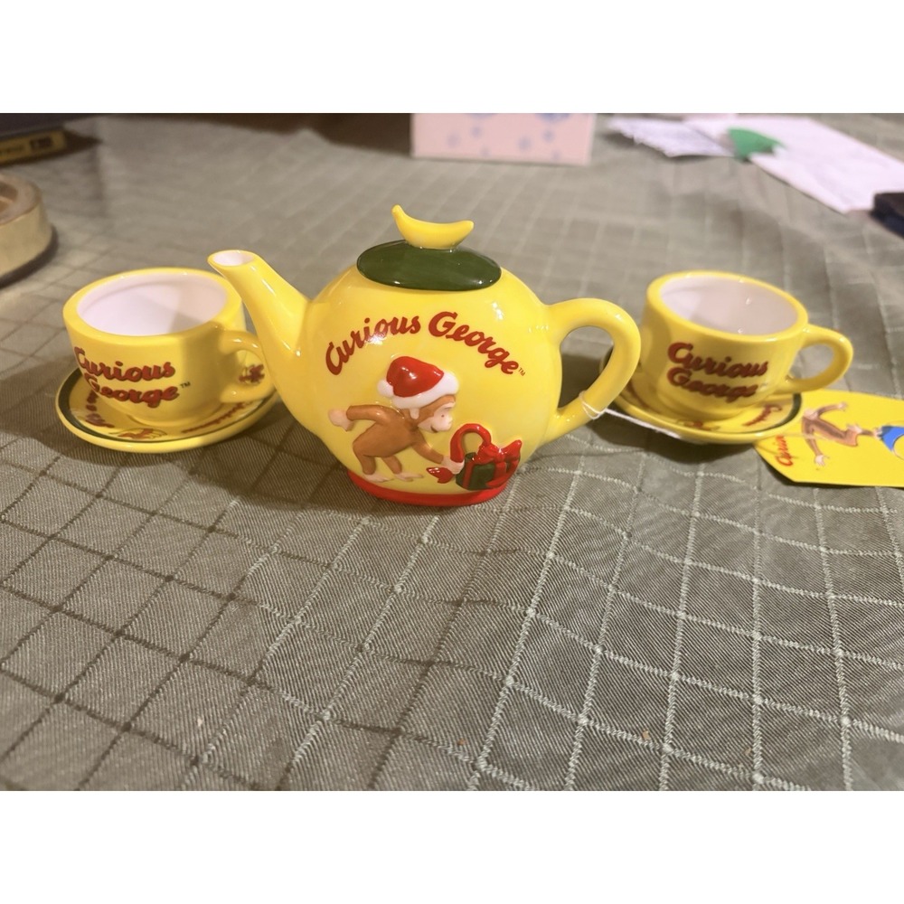 Vintage Curious George Ceramic 5 pc. Tea Pot Set Cup Saucer Teapot TM&HM Co. NM